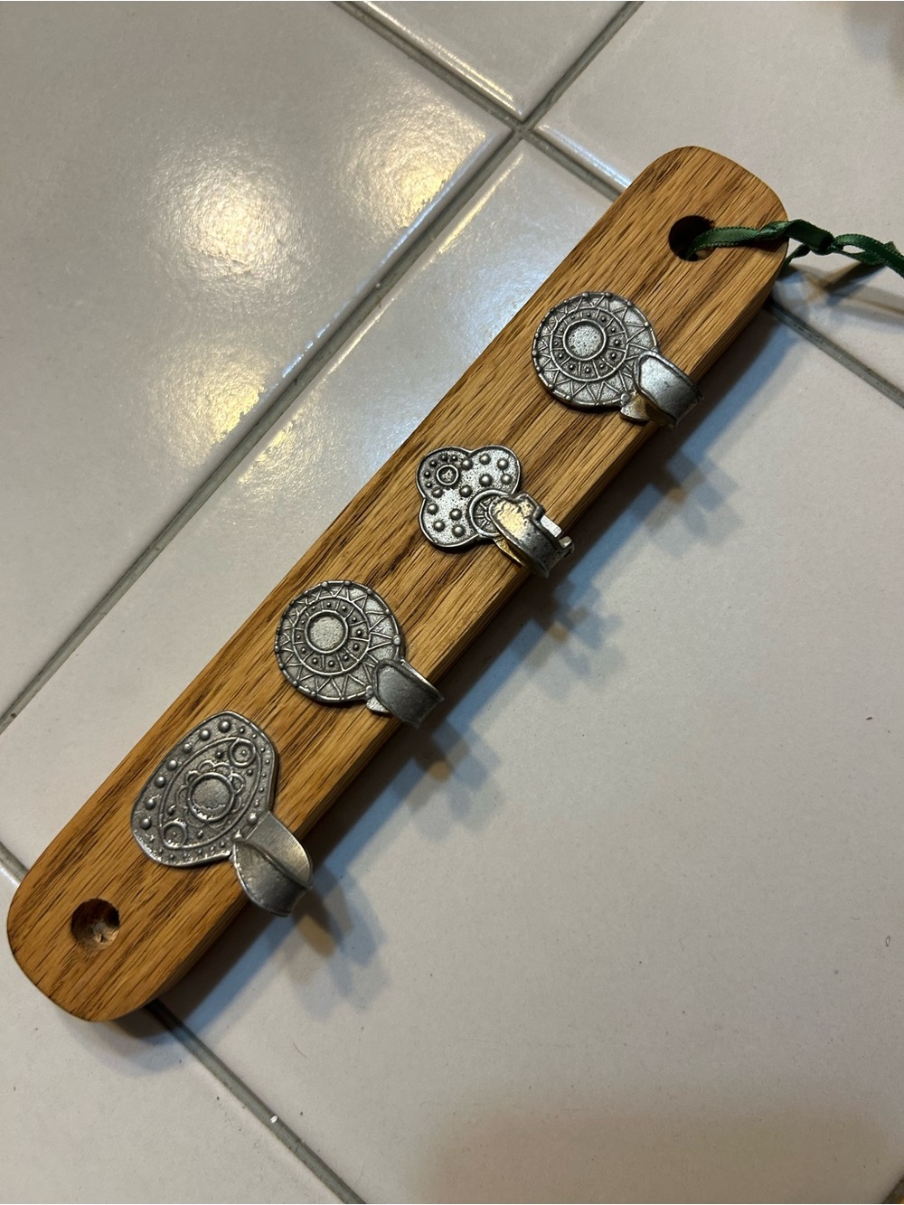 Vintage silver tone key holder key hooks on wood